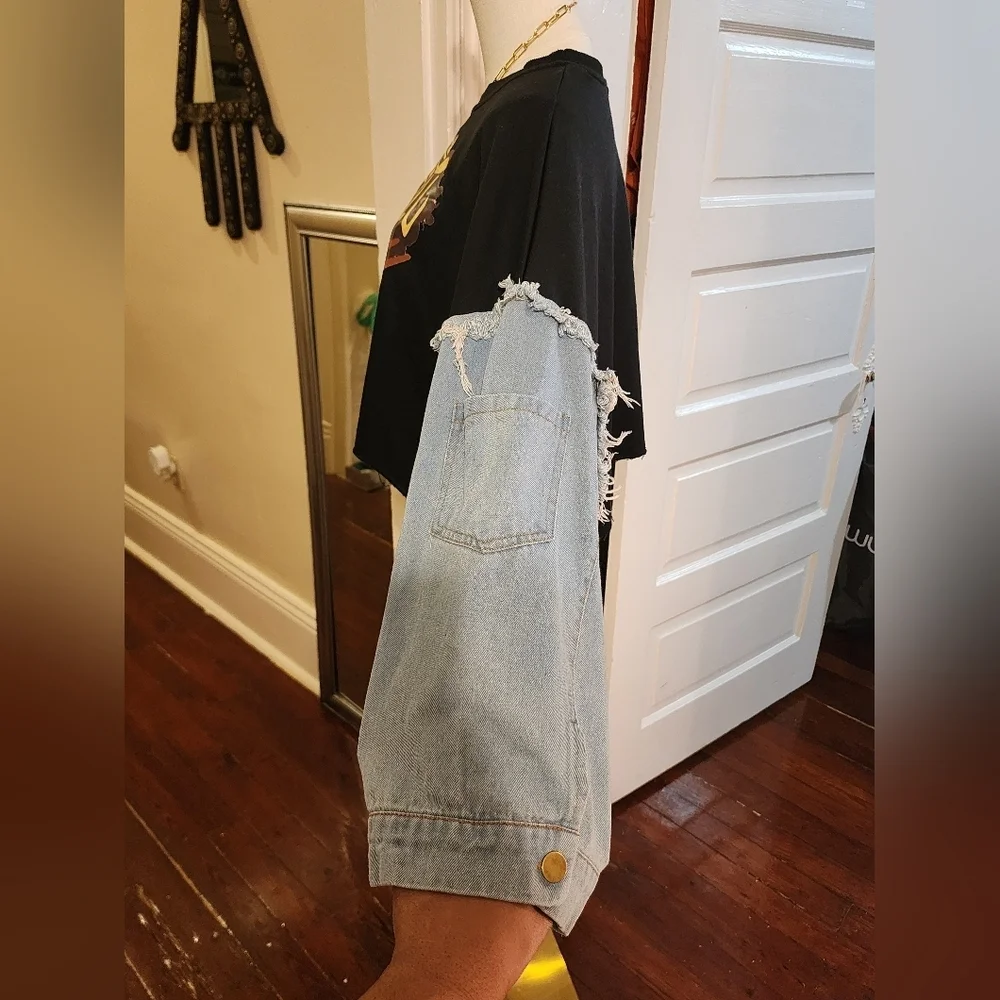 JW&NW Black Graphic Crop Top with Denim Sleeves Upcycle OOAK, Size Large - Picture 6 of 9